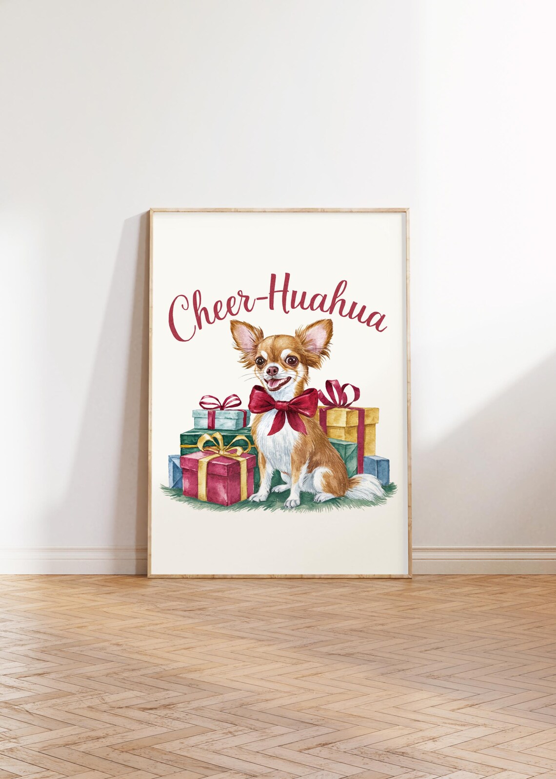 Cheer-Huahua Christmas Poster with Chihuahua Among Holiday Gifts - Image 2