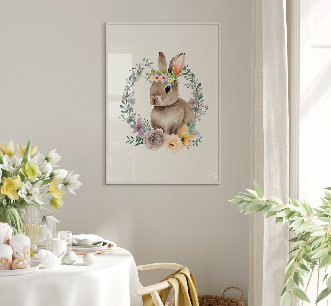 Watercolor Bunny With Flower Crown Inside Floral Wreath Poster - Image 5