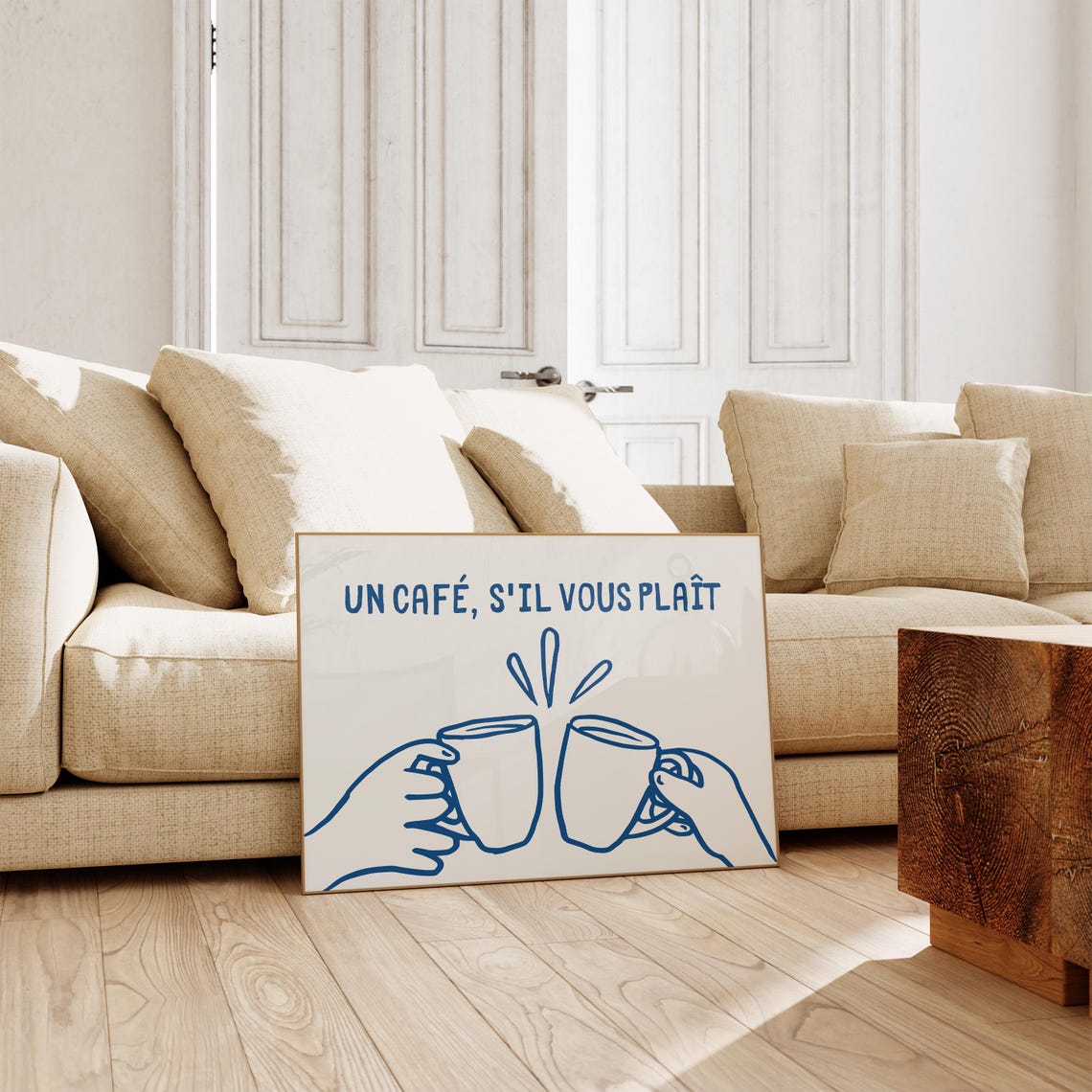 Un Cafe Sil Vous Plait French Coffee Clinking Mugs Line Art Poster - Image 3