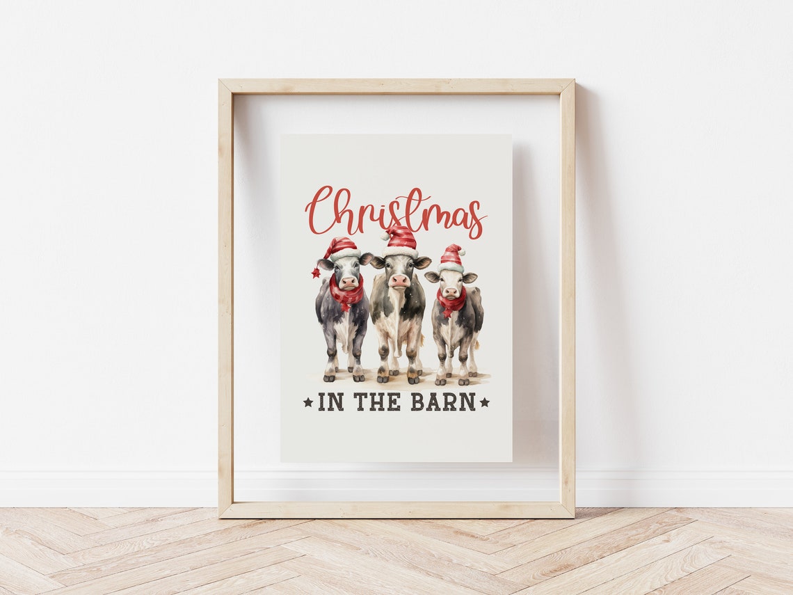 Christmas In The Barn Three Cows In Santa Hats Farmhouse Poster - Image 5