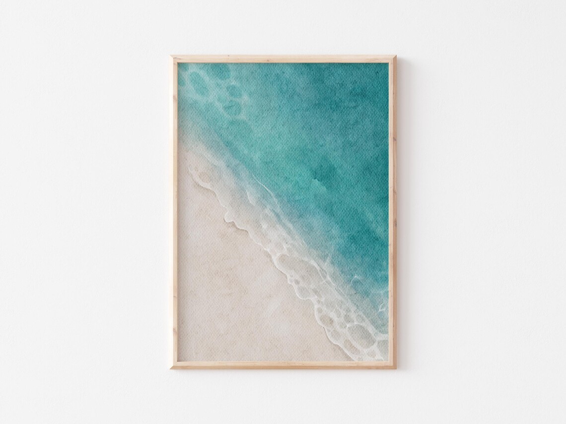 Aerial Turquoise Shoreline White Foam Waves Sandy Beach Watercolor Poster - Image 2