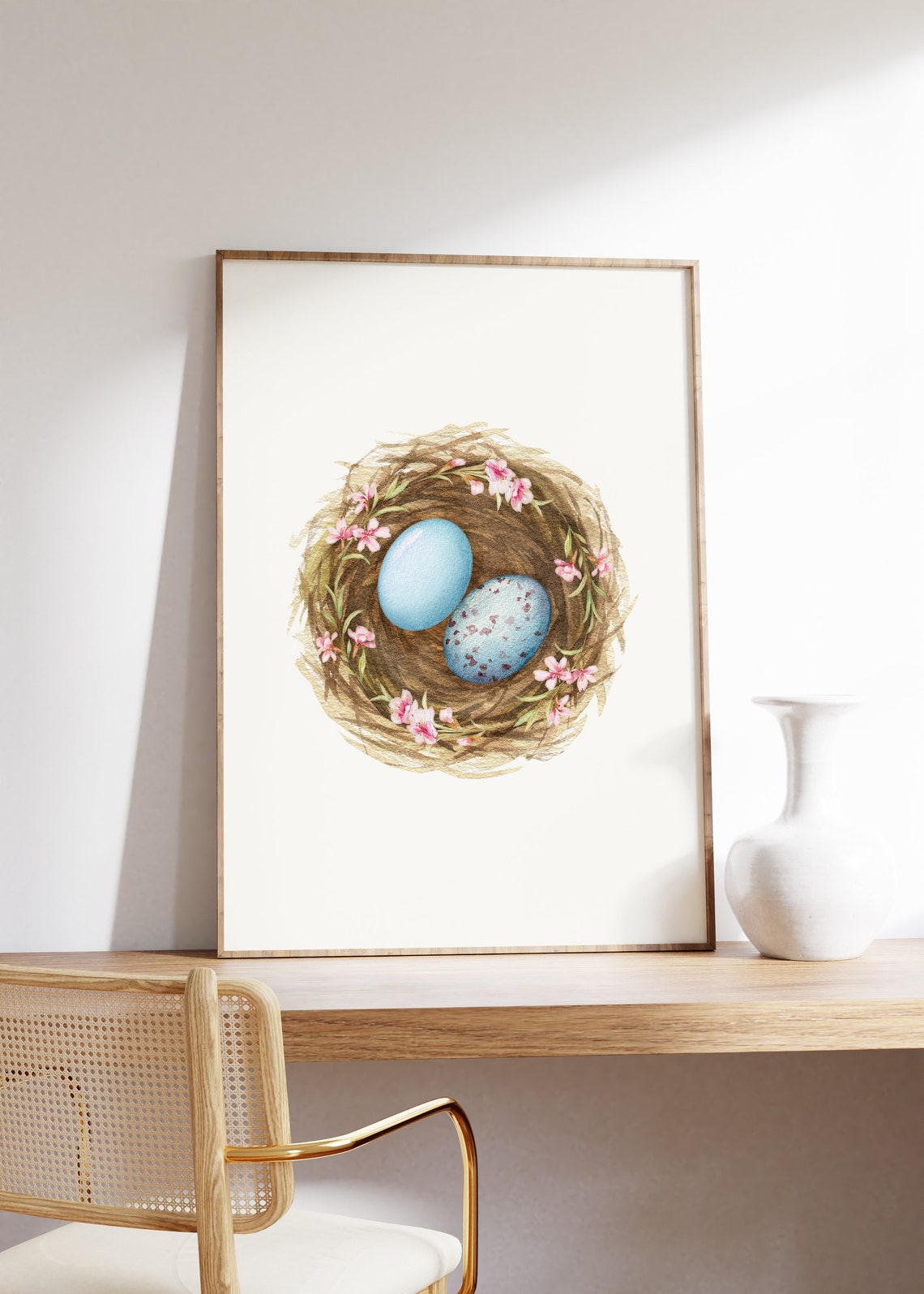 Two Bluebird Eggs In Pink Blossom Nest Watercolor Spring Poster - Image 4