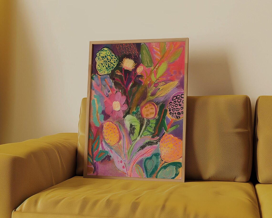 Moody Abstract Floral Painting Poster in Deep Plum and Tangerine - Image 2