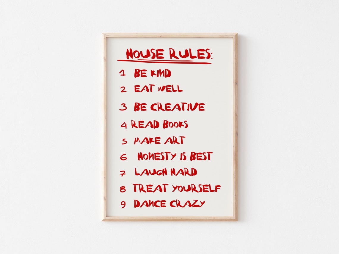 House Rules Be Kind Be Creative Nine Rules Red Typography Poster - Image 5