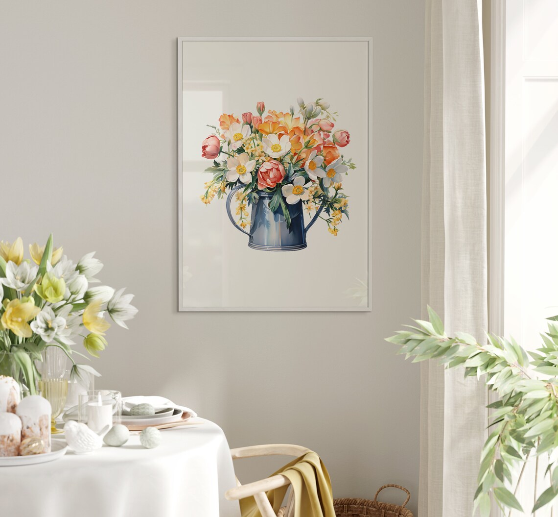 Wildflower Bouquet In Blue Watering Can Watercolor Flower Poster - Image 5