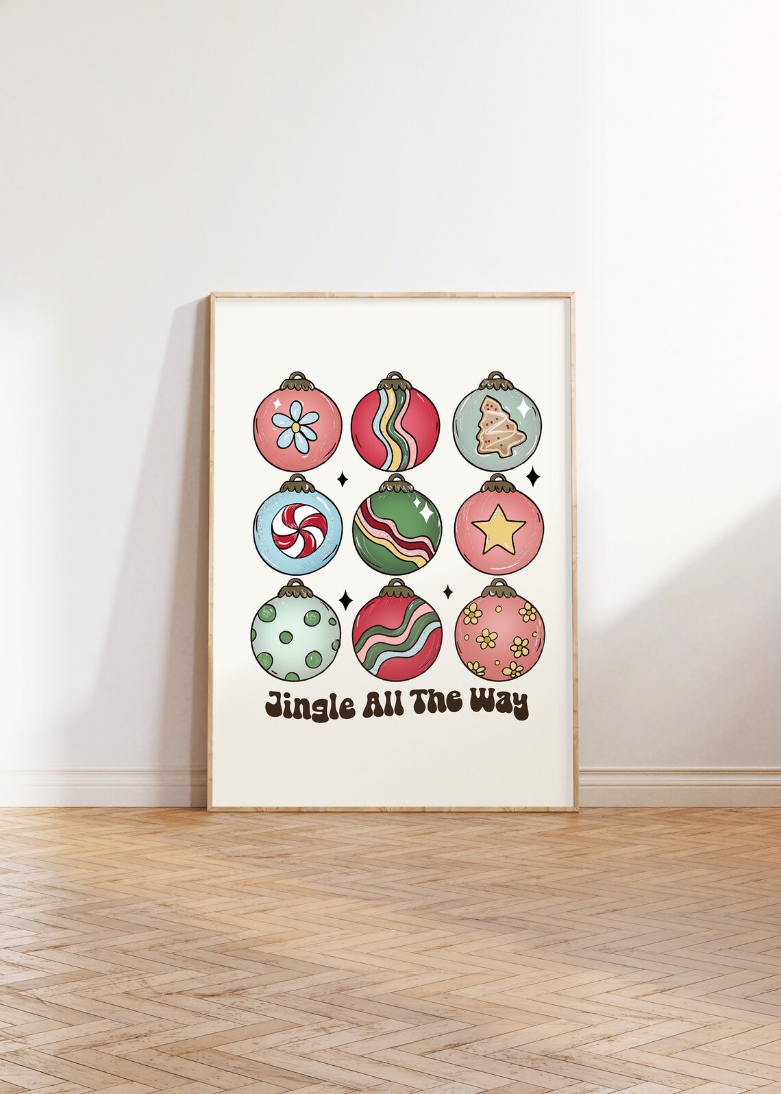 Jingle All the Way Colorful Retro Christmas Ornaments Grid Art Poster - Image 3