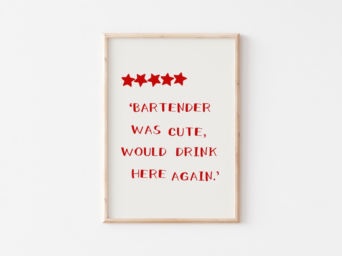 Bartender Was Cute Five Star Review Funny Red Typography Bar Poster - Image 3