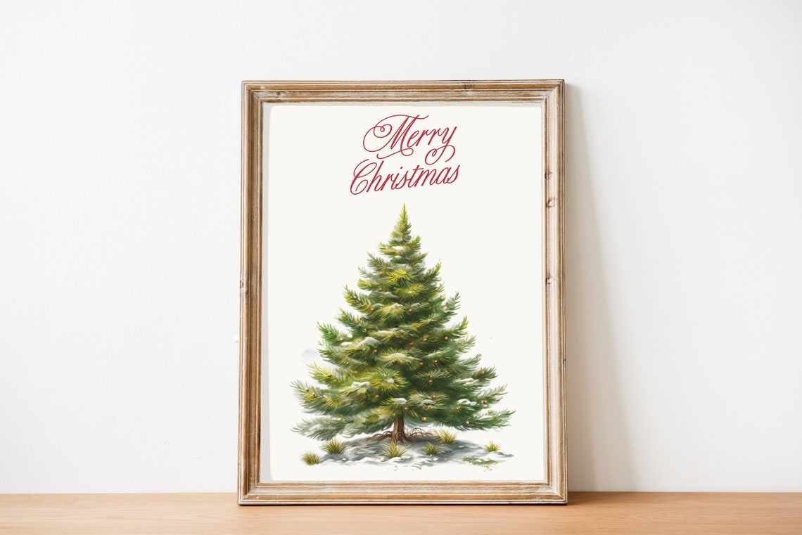 Merry Christmas Script Snowy Evergreen Tree Watercolor Holiday Poster - Image 3