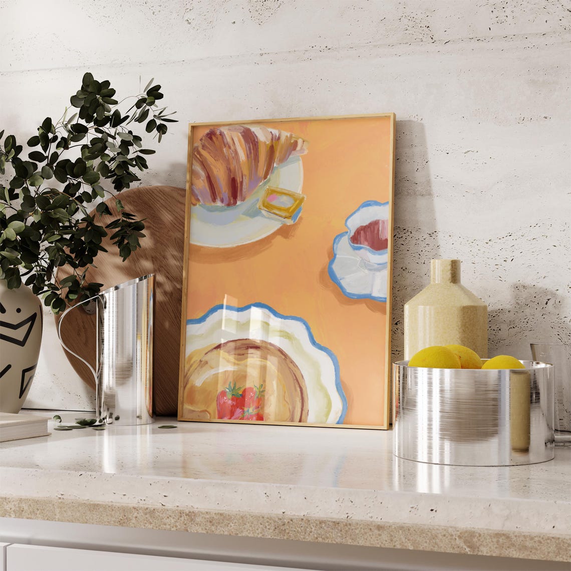 French Breakfast Croissant Coffee Pancakes Painterly Kitchen Poster - Image 2