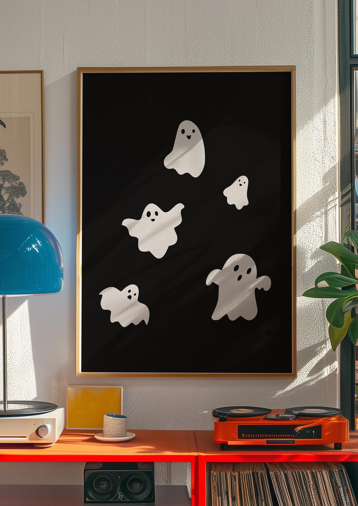 Five Cute White Ghosts Floating On Black Minimalist Halloween Poster - Image 5