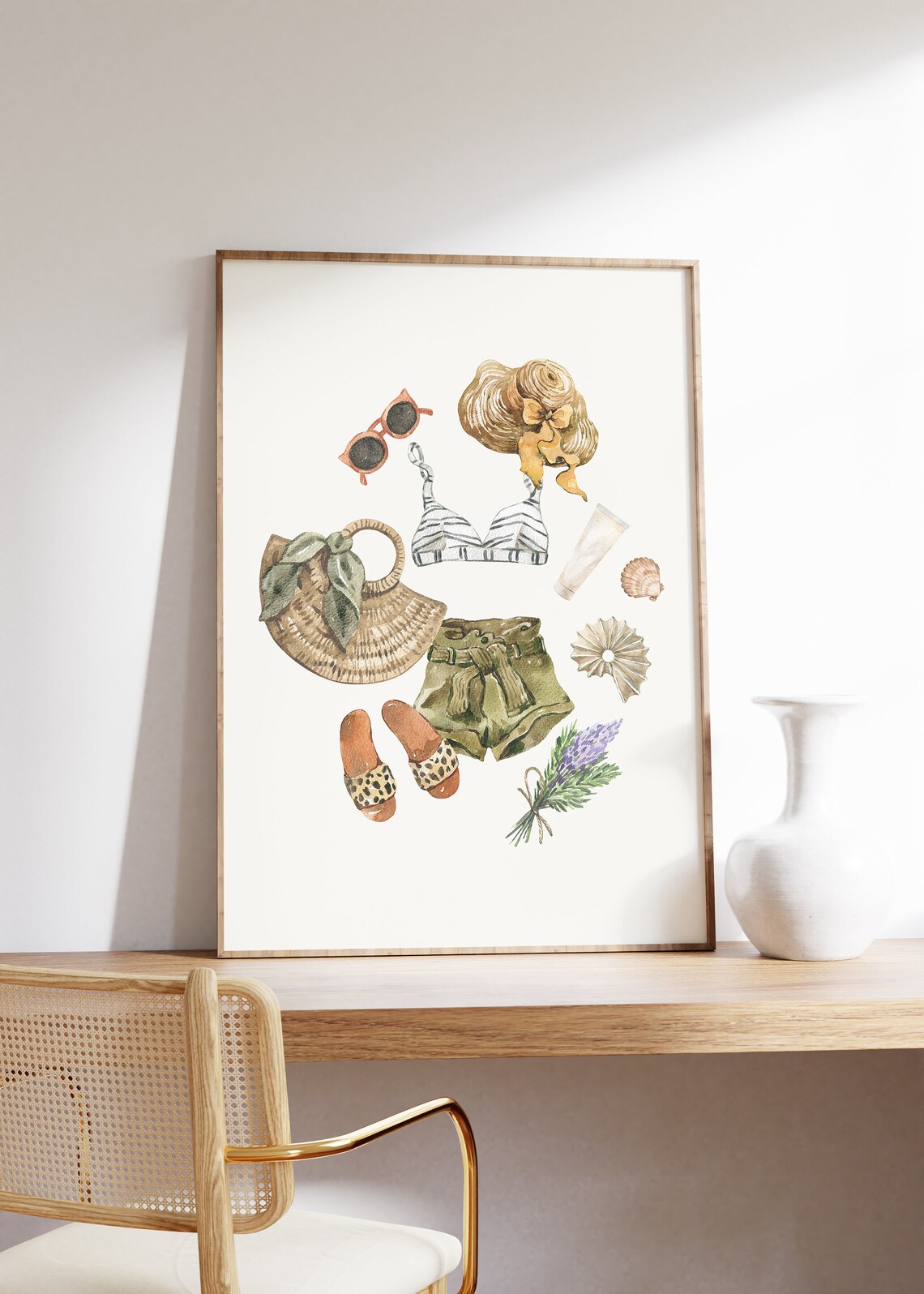 Striped Bikini Top Olive Shorts Leopard Slides Summer Watercolor Poster - Image 3