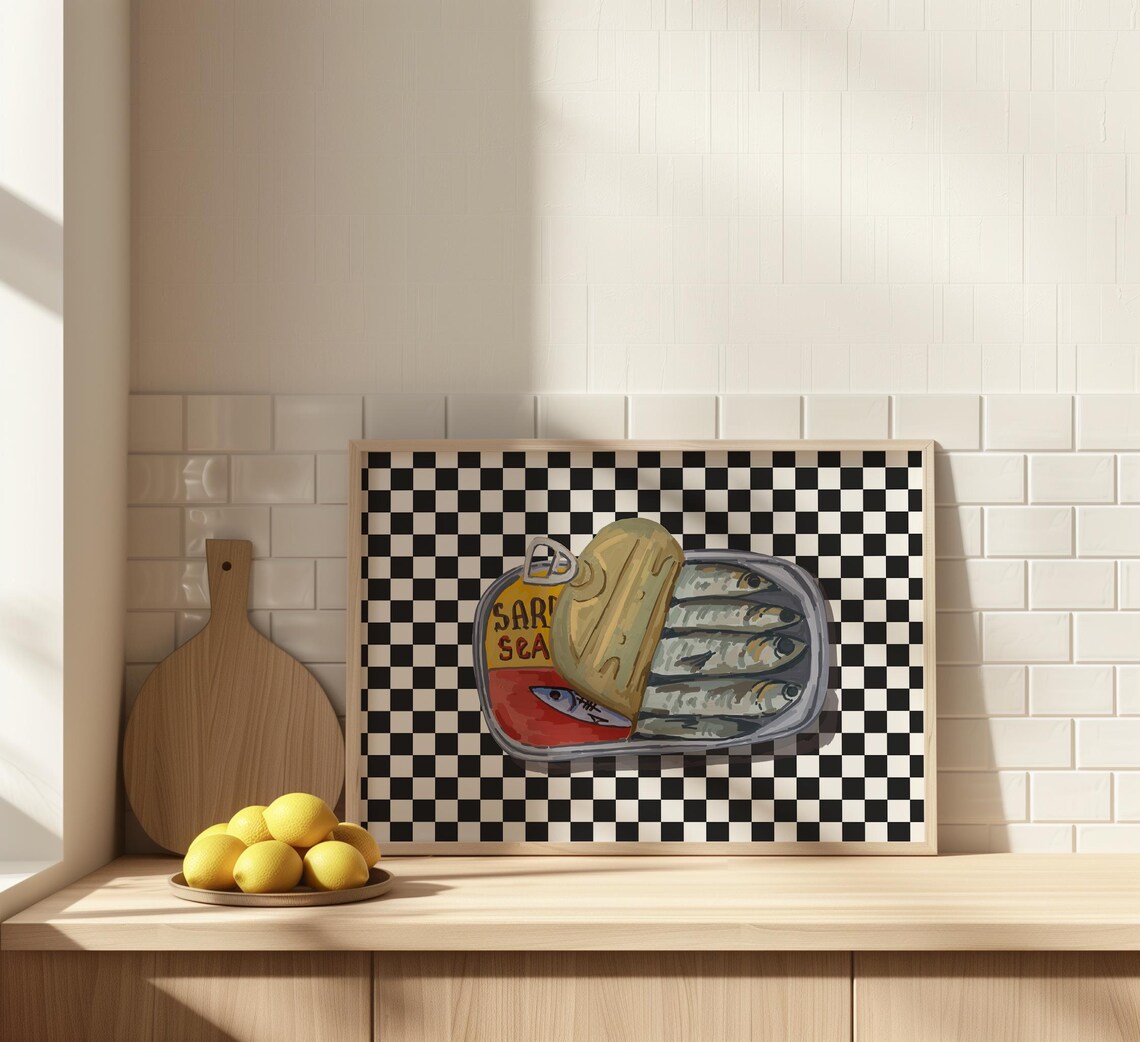 Funky Sardine Tin Illustration on Black and White Checkerboard Poster - Image 3