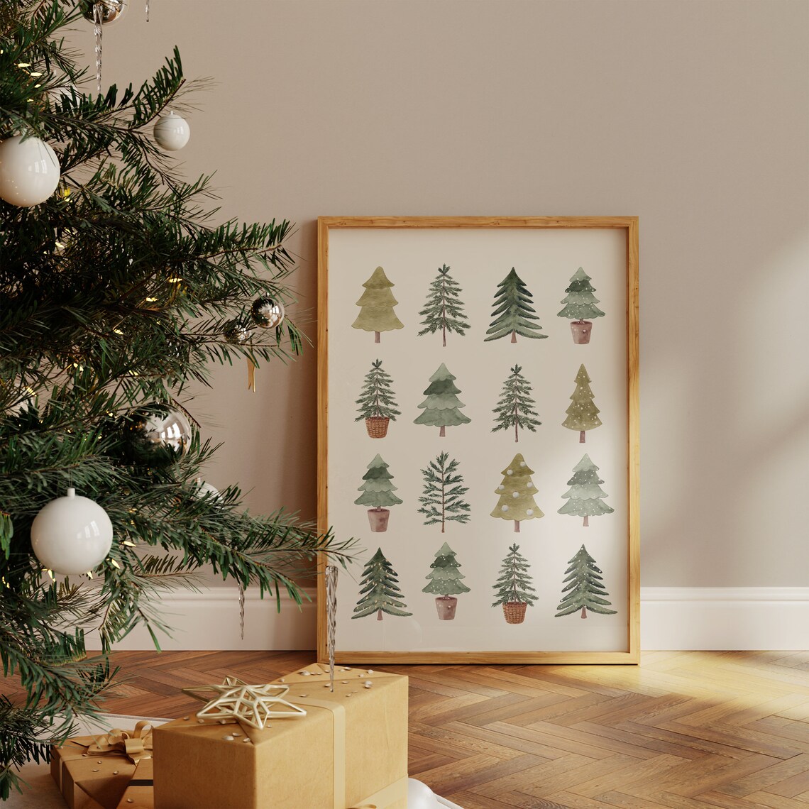 Sixteen Watercolor Evergreen Trees Grid Minimalist Christmas Holiday Poster - Image 4