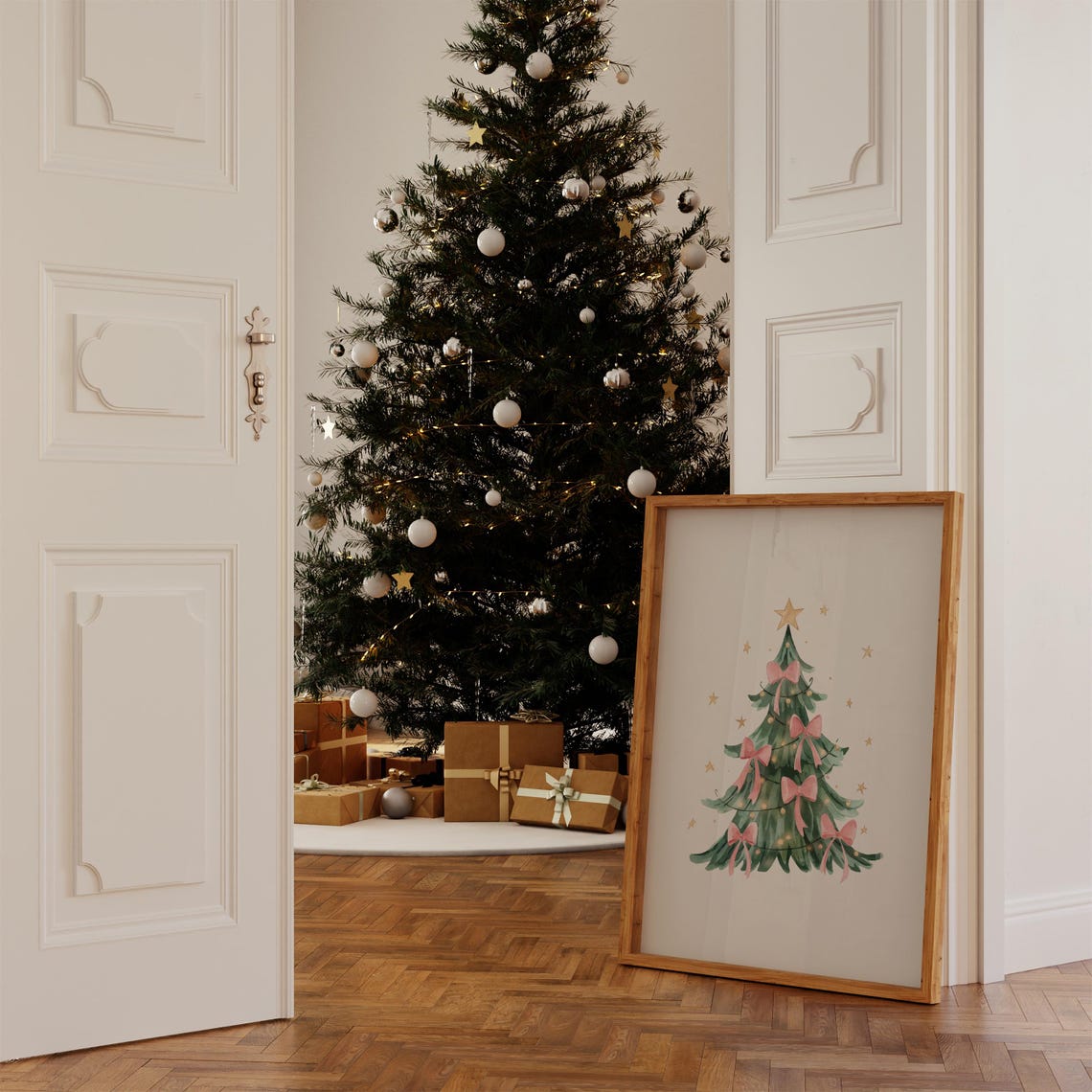 Coquette Pink Bow Christmas Tree Gold Star Watercolor Wall Art - Image 2