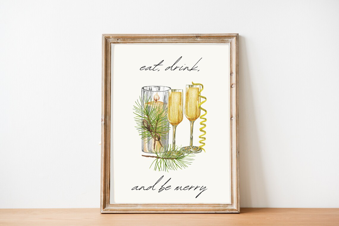Eat Drink And Be Merry Champagne Candle Pine Watercolor Christmas Poster - Image 2