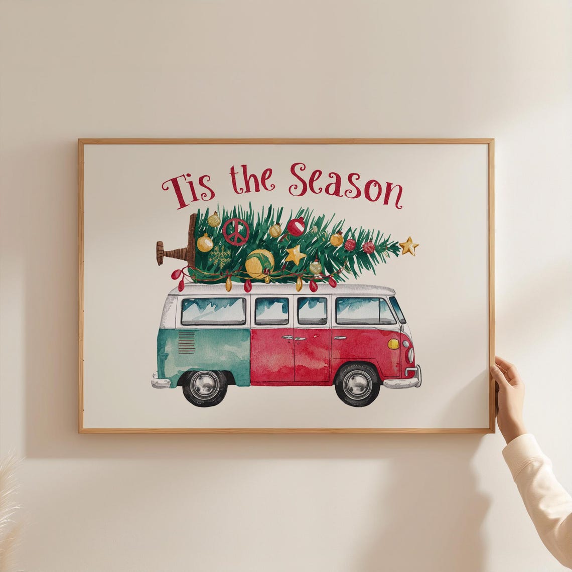 Tis The Season Retro VW Bus Christmas Tree Watercolor Poster - Image 3