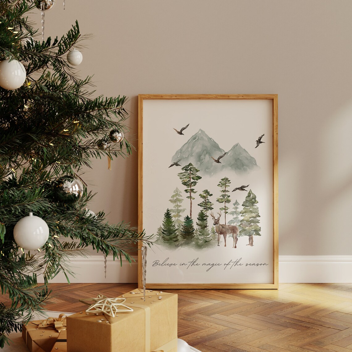 Believe in the Magic of the Season Watercolor Deer Forest Poster - Image 4