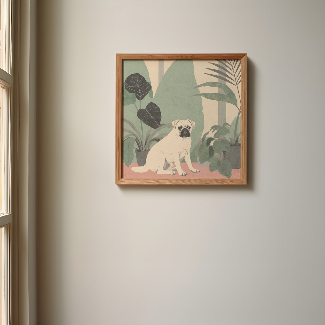 Pug Among Tropical Plants Illustrated Poster in Muted Green Tones - Image 2