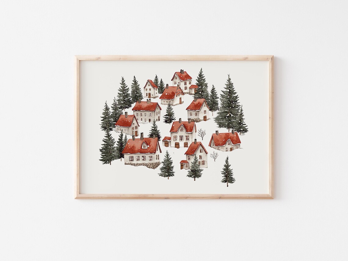 Snowy Winter Village Watercolor Christmas Poster with Red Roof Cottages - Image 2