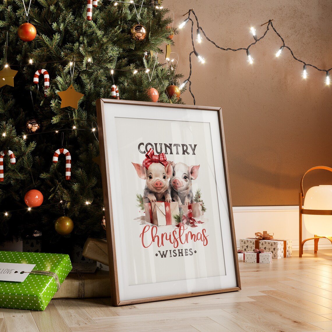 Country Christmas Wishes Two Piglets With Gifts Farmhouse Poster - Image 3