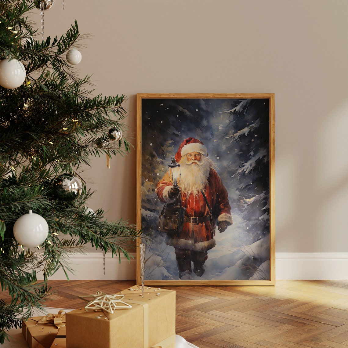 Vintage Santa Art Santa Claus Antique Painting Retro Santa Print Christmas Painting Vintage Snow Landscape Winter Wall Art - Image 4
