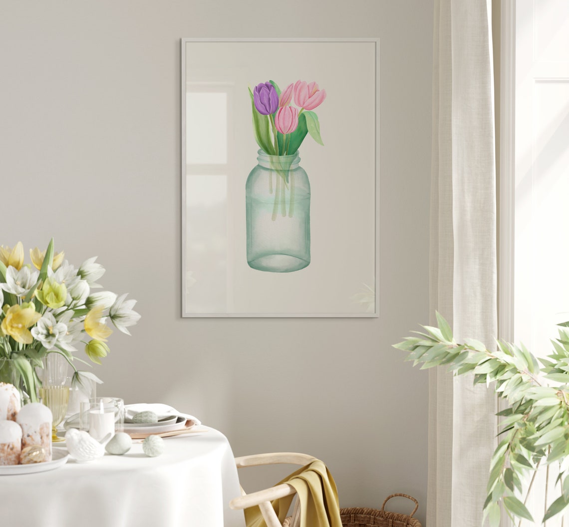 Blush Tulips in Mason Jar Watercolor Botanical Floral Wall Poster - Image 5