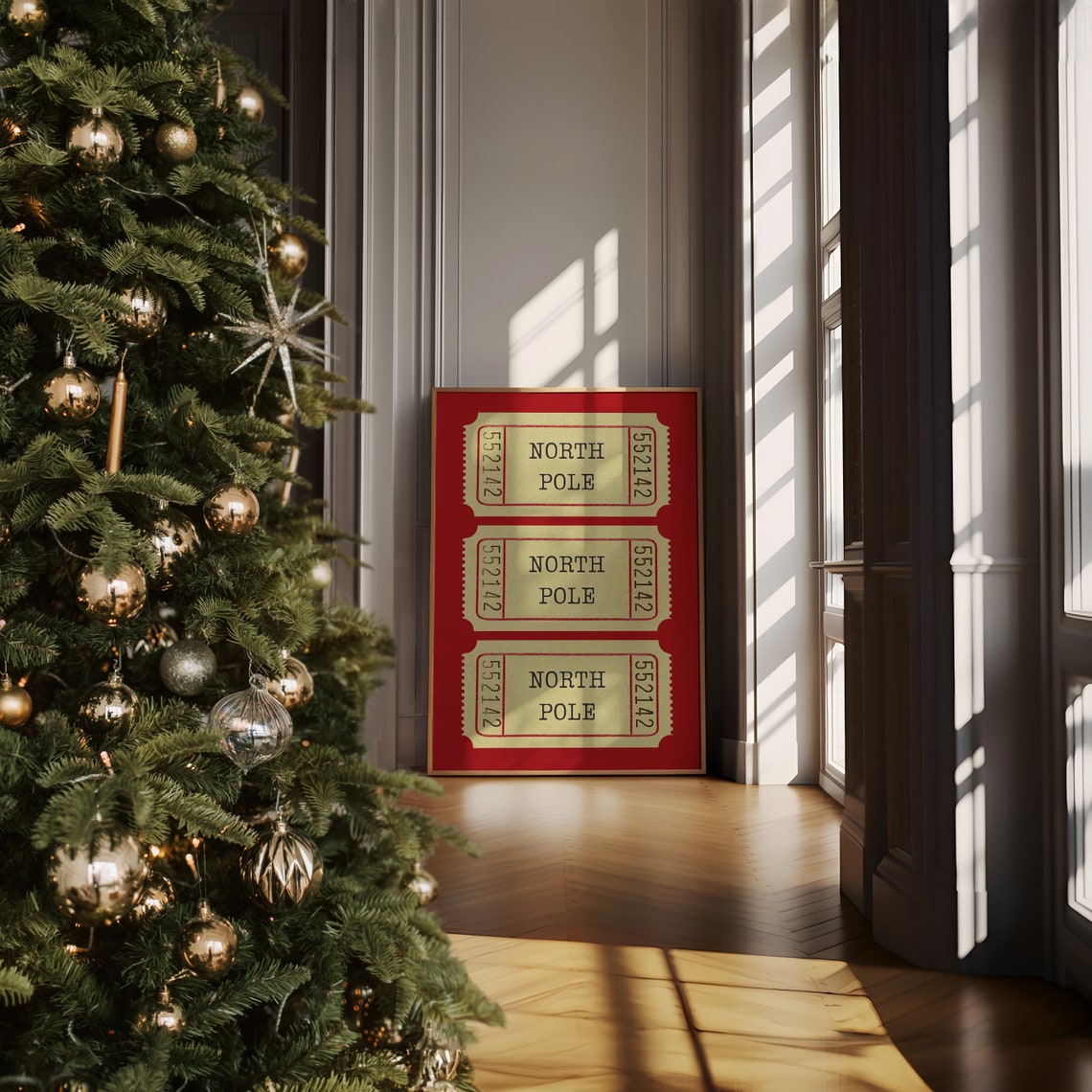 Vintage North Pole Ticket Stub Trio Red Christmas Decor Poster - Image 3