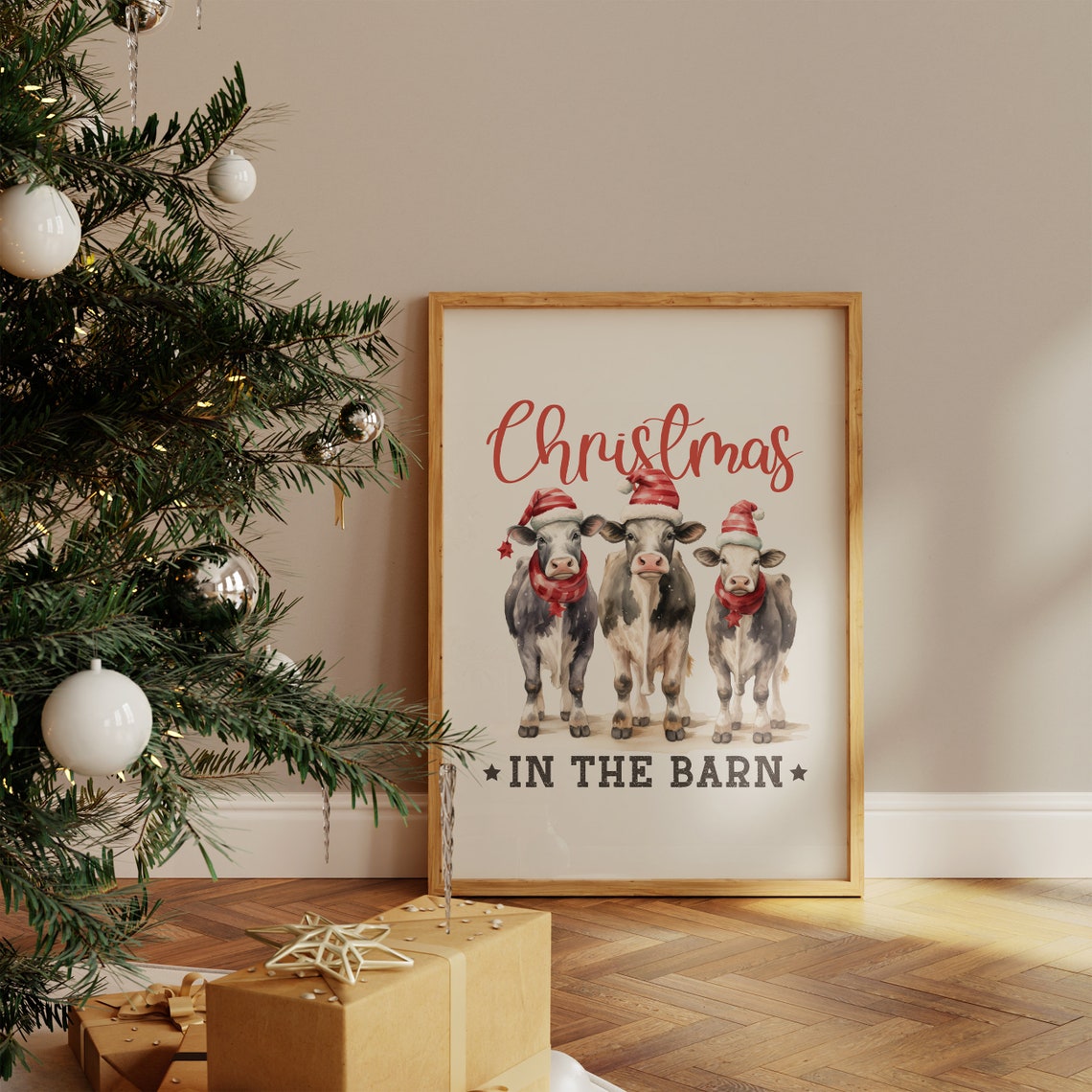 Christmas In The Barn Three Cows In Santa Hats Farmhouse Poster - Image 4
