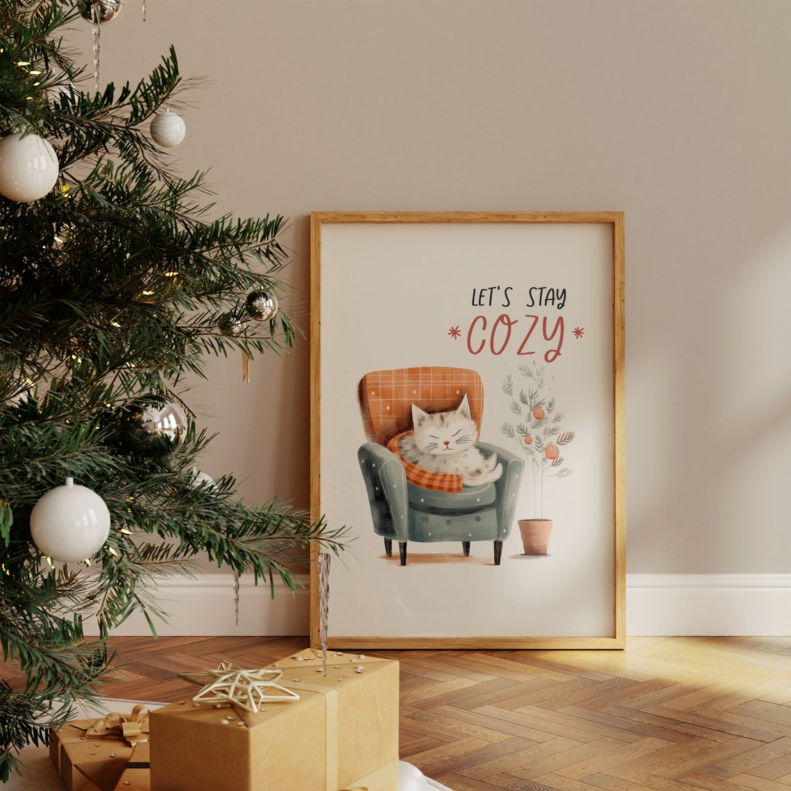 Let's Stay Cozy Sleepy White Cat in Plaid Armchair Hygge Poster - Image 4