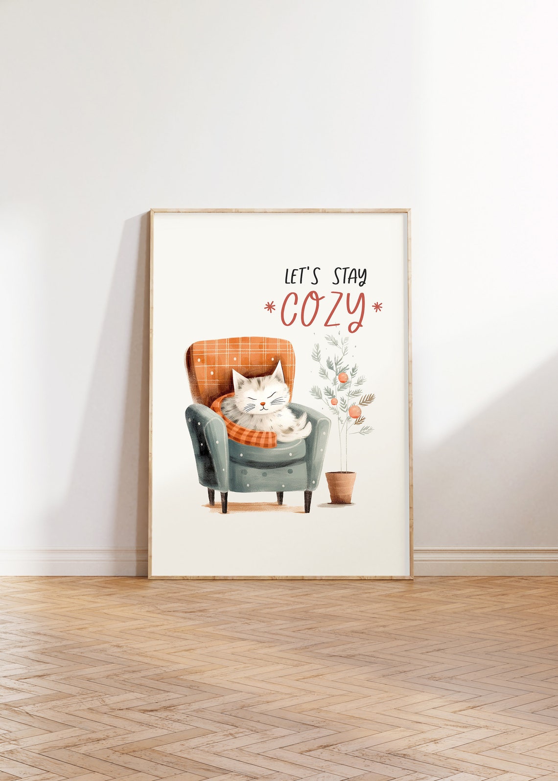 Let's Stay Cozy Sleepy White Cat in Plaid Armchair Hygge Poster - Image 3