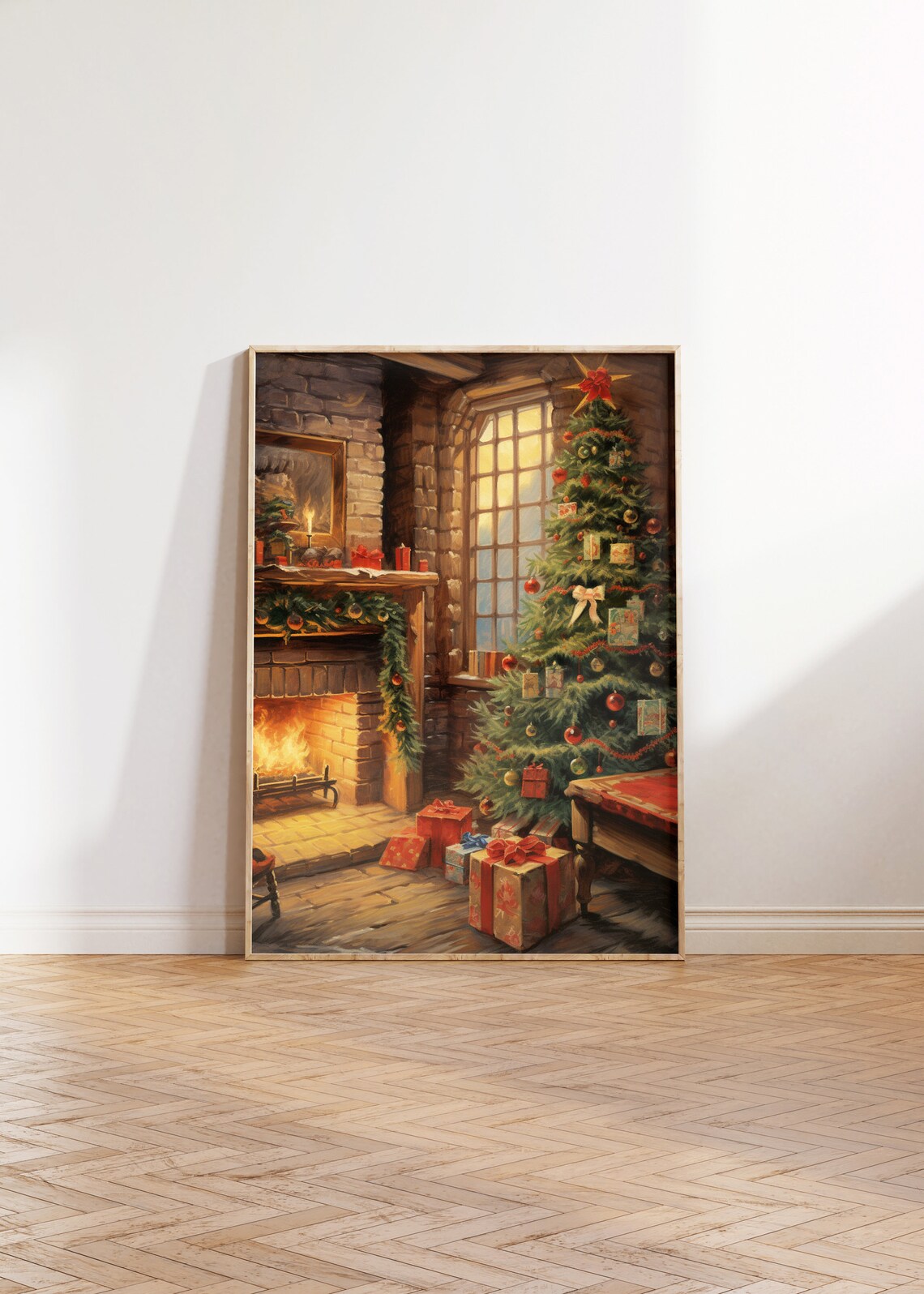 Vintage Christmas Fireplace And Tree Cozy Oil Painting Style Poster - Image 2