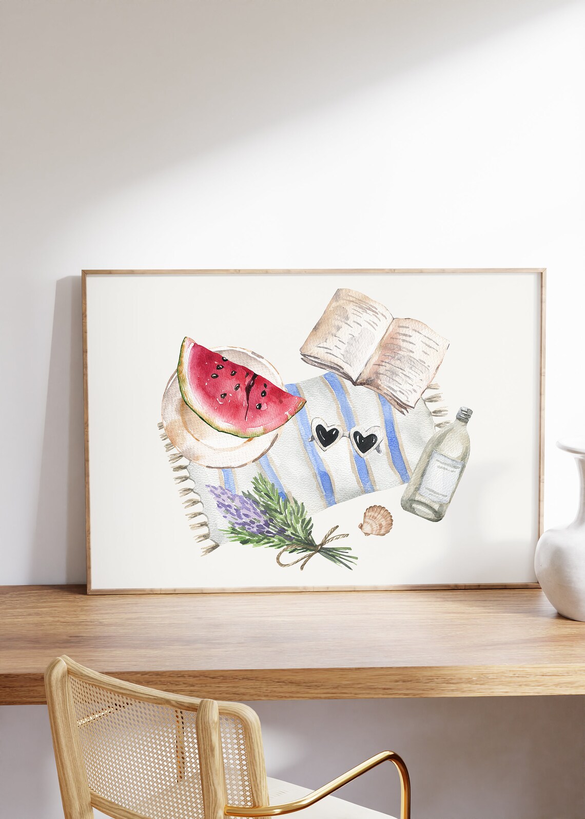 Watermelon Slice Book And Lavender Summer Beach Picnic Watercolor Poster - Image 5