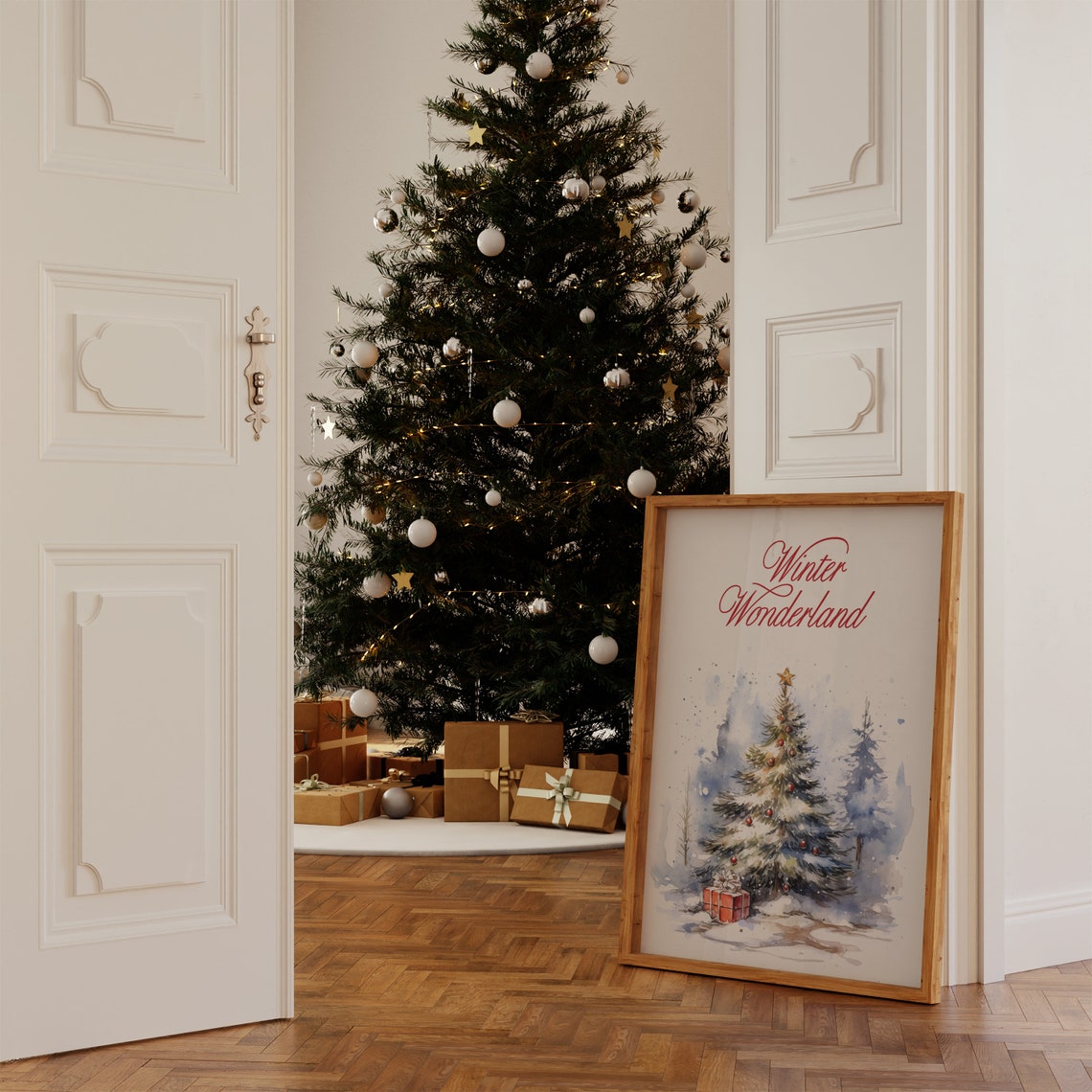 Winter Wonderland Script Snowy Christmas Tree Watercolor Poster - Image 5
