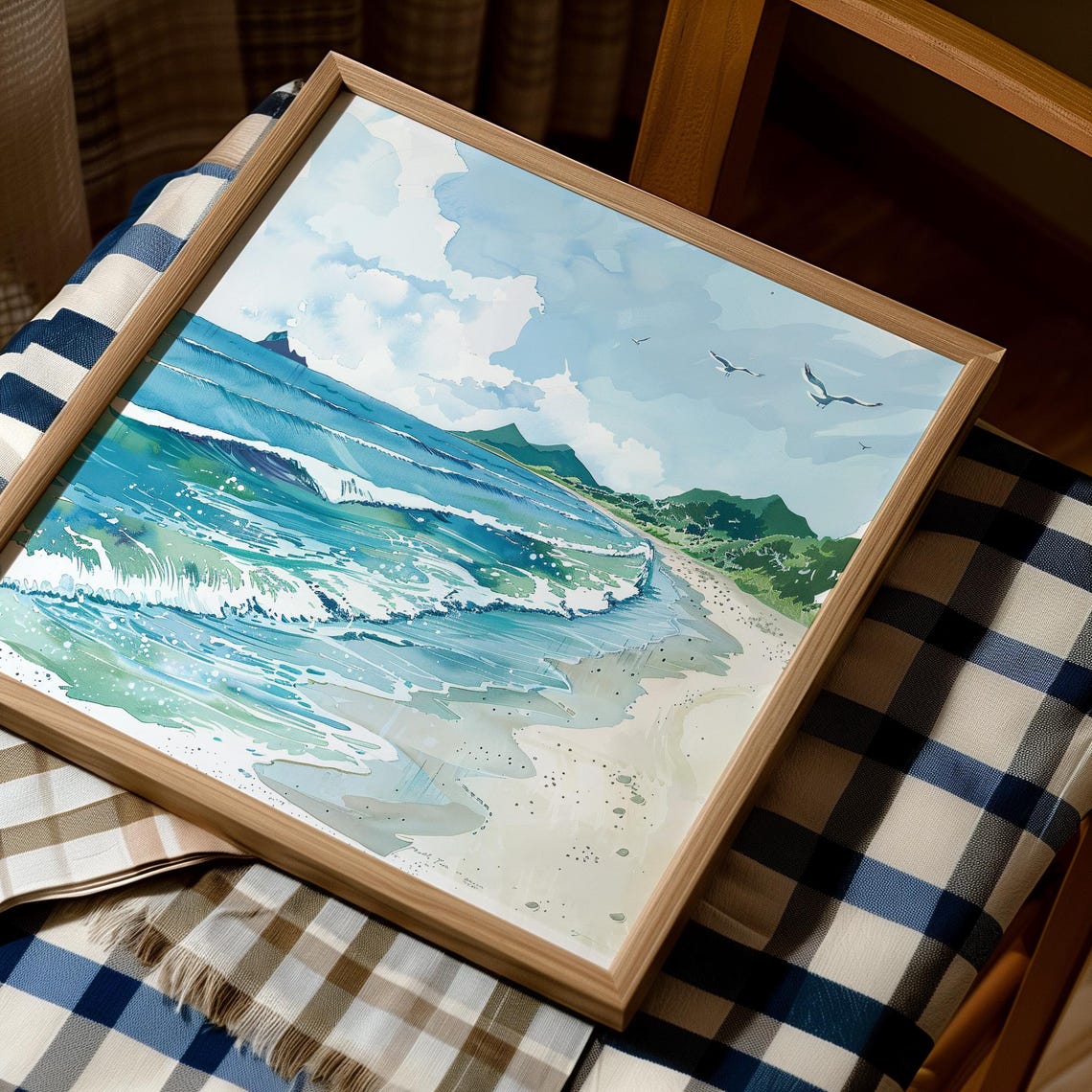 Turquoise Ocean Waves And Green Green Headland Watercolor Beach Poster - Image 4