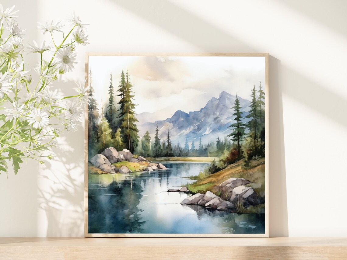 Calm Forest Lake Reflections Pine Trees Rocky Shores Watercolor Poster - Image 5