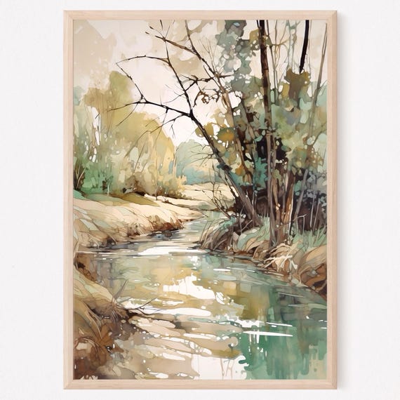 Rural River Watercolor Painting Art Print Summer Country Landscape Wall Art Rustic Nature Poster Home Decor Gift