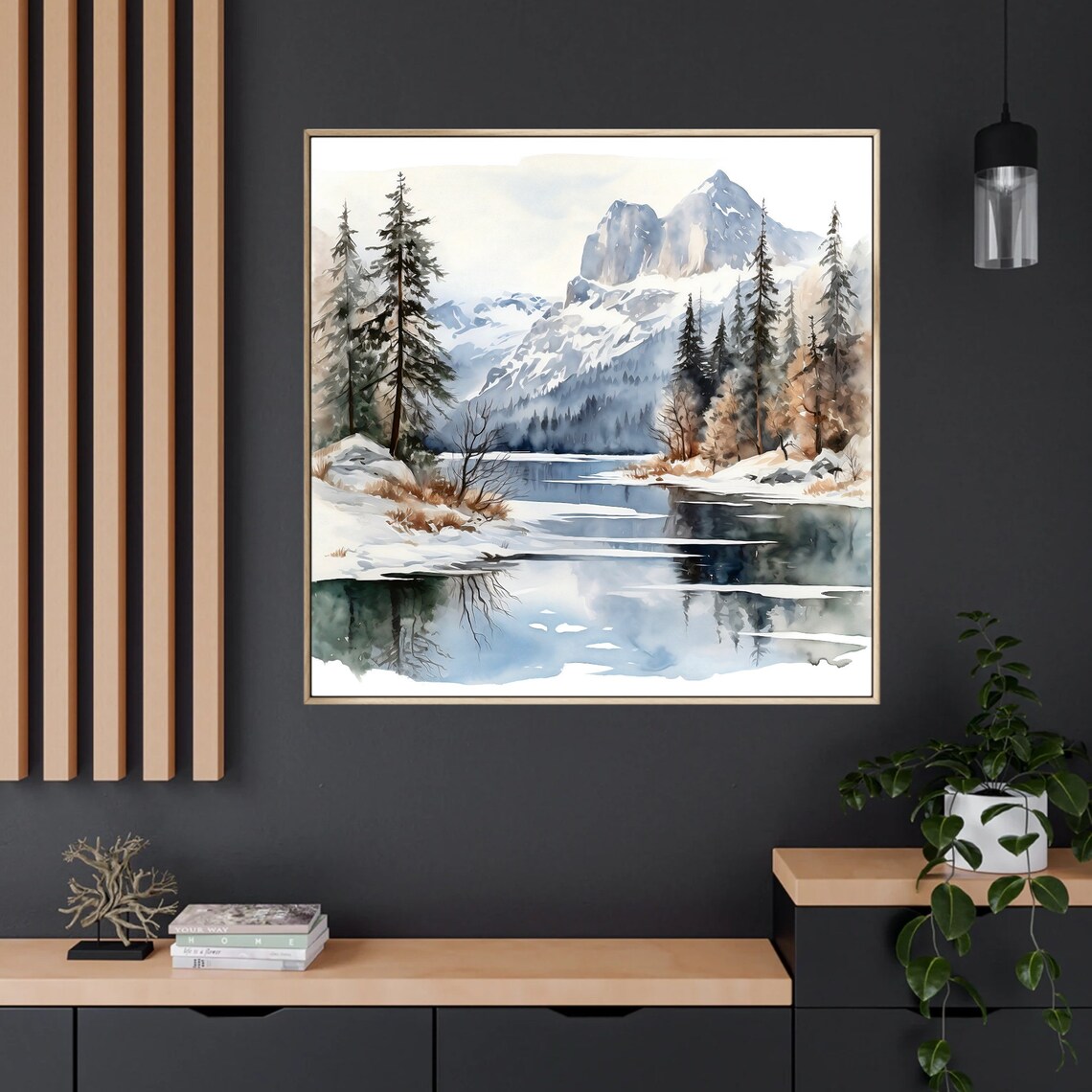 Snowy Peaks Frozen Lake Pine Trees Winter Reflection Watercolor Poster - Image 2