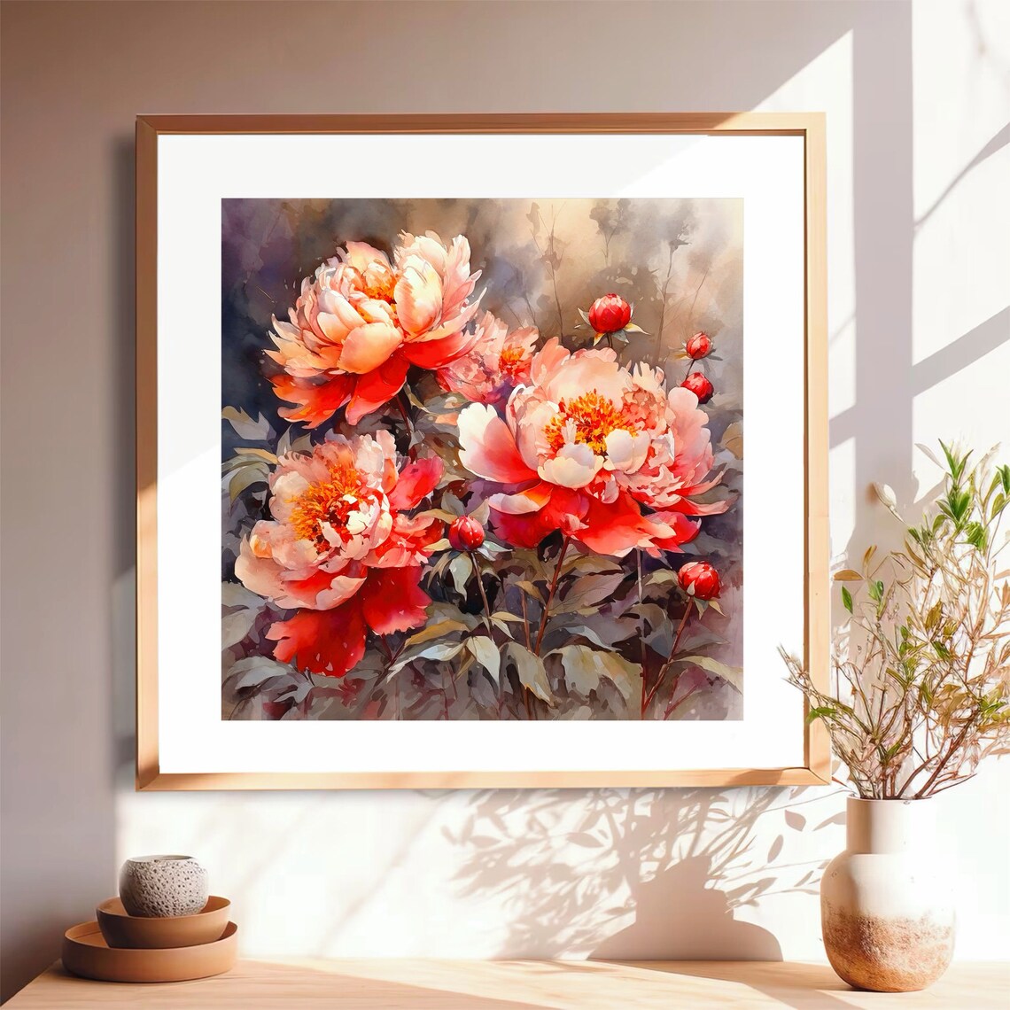 Vivid Coral Red Peonies Bloom Watercolor Floral Portrait Poster - Image 5