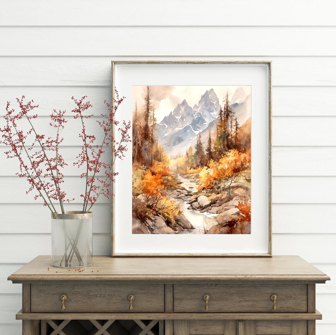Autumn Forest Stream Winding Through Golden Trees Watercolor View Poster - Image 3