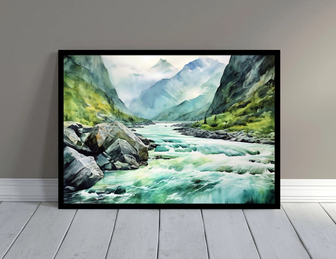 Mountain River Watercolor Painting Art Print - Image 4