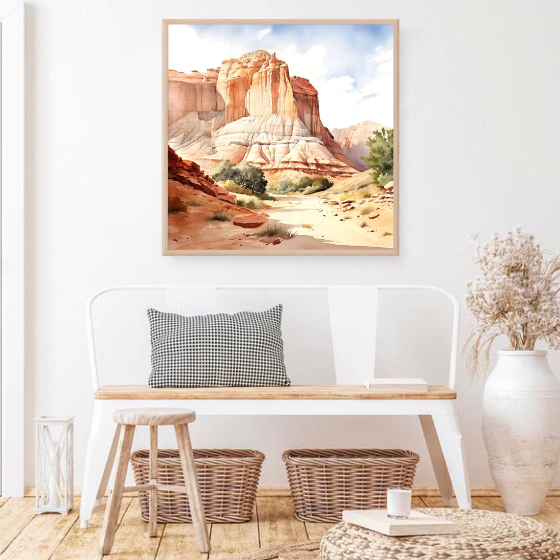 Red Rock Canyon Butte Watercolor with Desert Trail and Trees Poster - Image 2