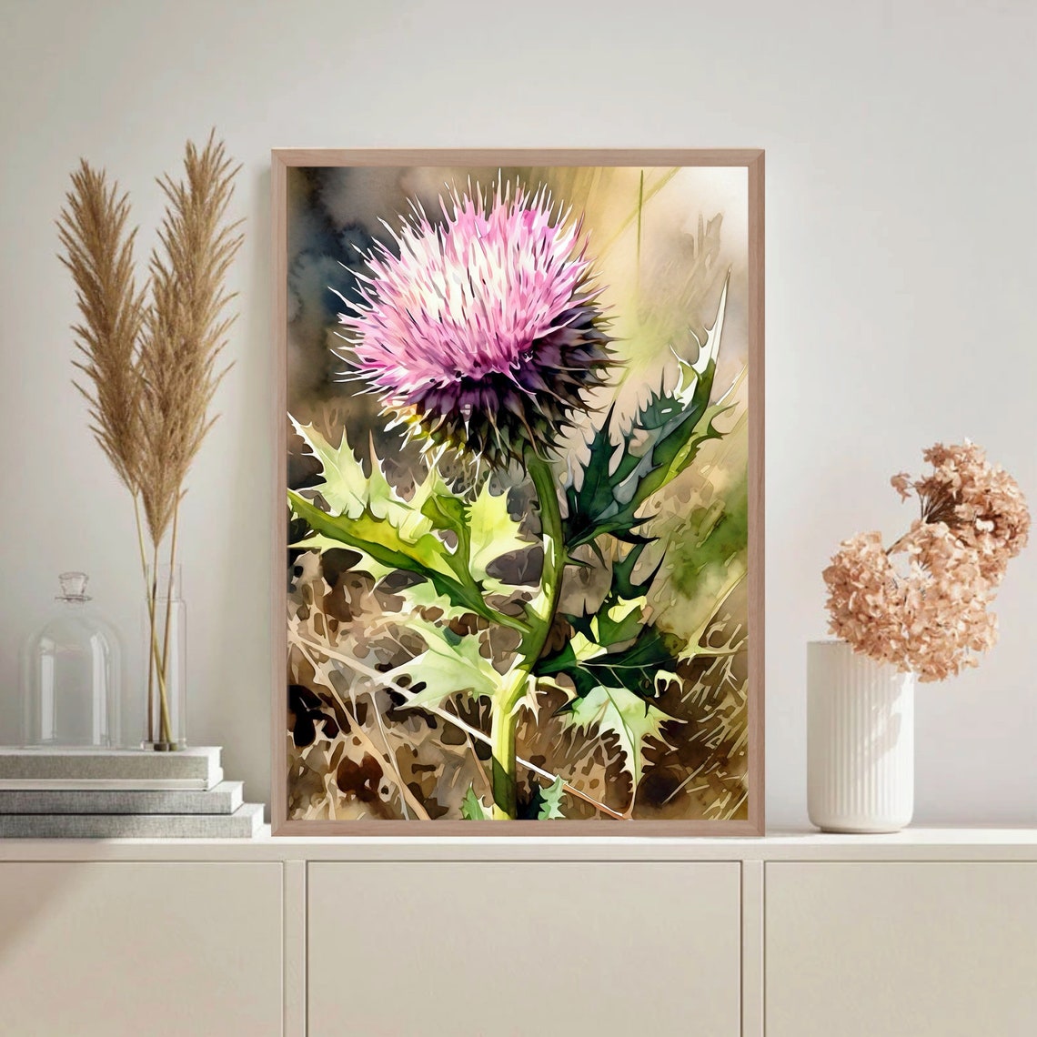 Pink Thistle Bloom Watercolor Botanical Floral Artwork Poster - Image 4