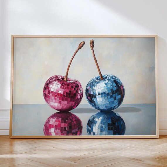 Cherry Disco Ball Wall Art Vintage Retro Maximalist Glam Wall Decor Gifts Mirror Ball Cherries Mirrorball Poster Print