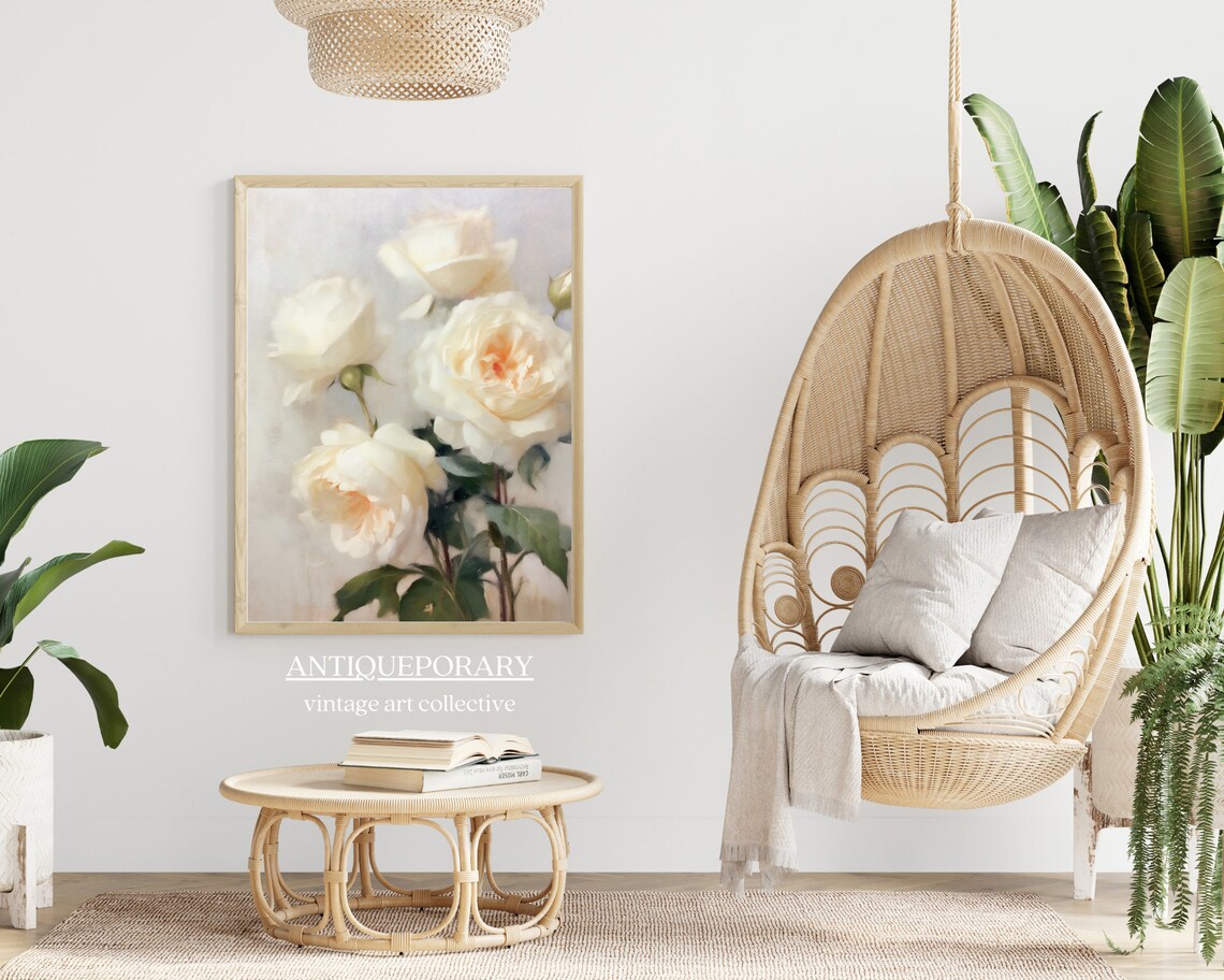 Cream White Roses Close Up Soft Neutral Floral Painting Poster - Image 7