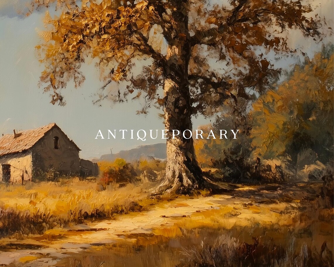 Golden Autumn Tree by Stone Cottage Vintage Pastoral Landscape Poster - Image 2