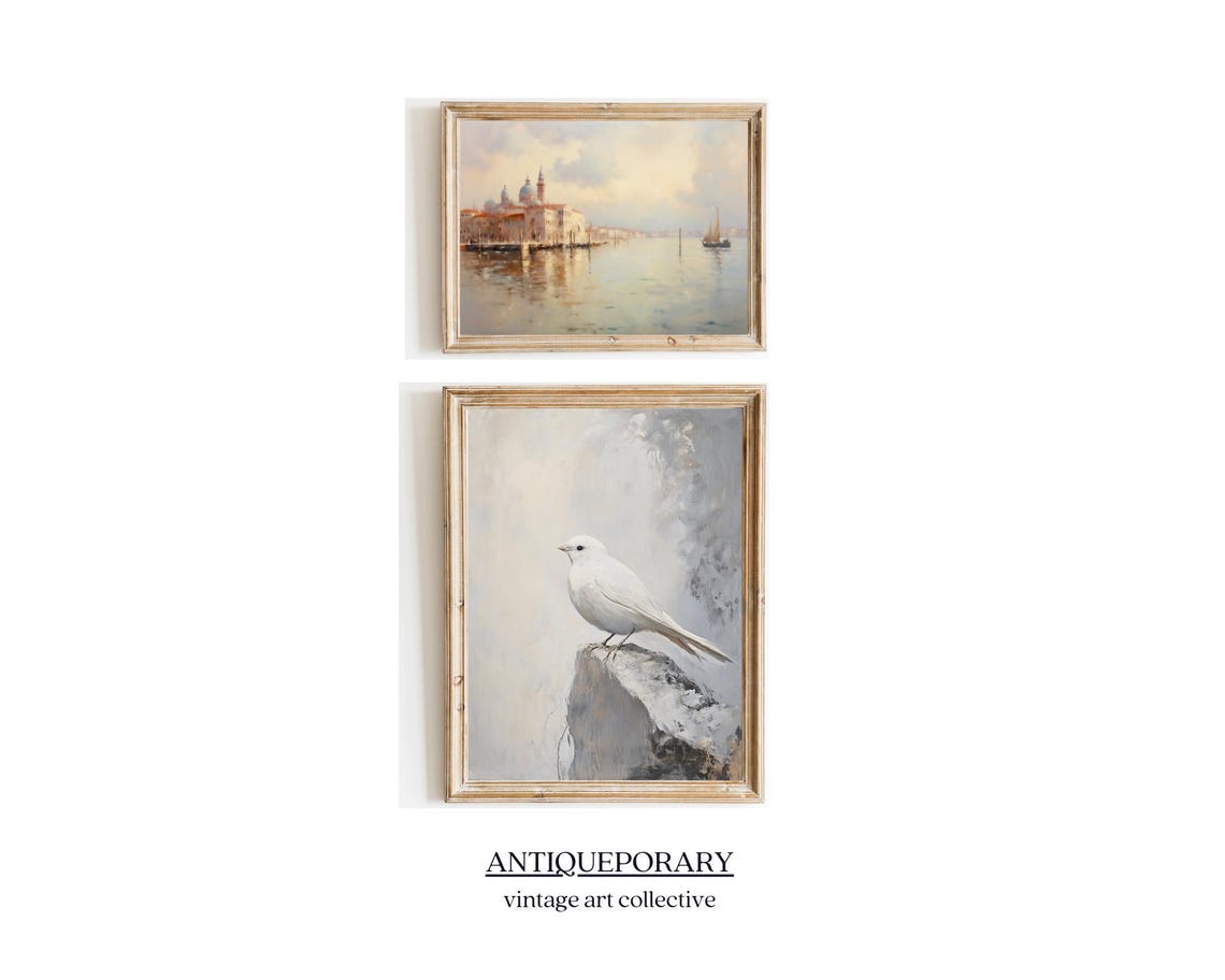 White Bird on Rock Muted Minimalist Vintage Bird Painting Poster - Image 4