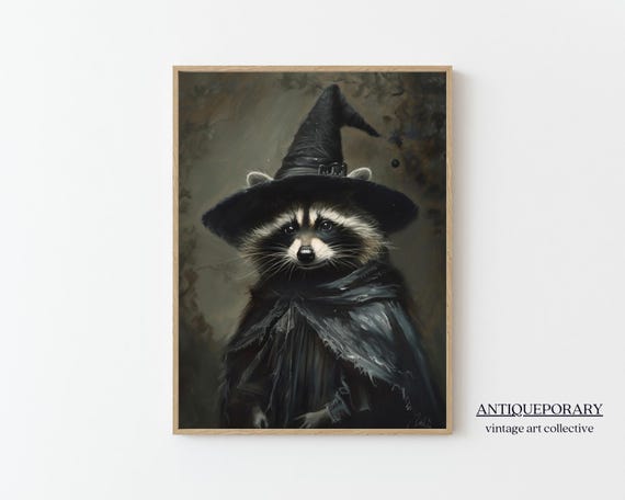 Halloween Wall Art Cute Witch Raccoon Vintage Paintings Vintage Halloween Decor Victorian Animal Portrait Animal Lover Gift