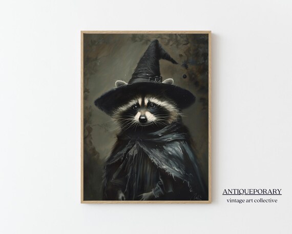 Raccoon Witch Vintage Portrait with Pointy Hat and Cloak Poster