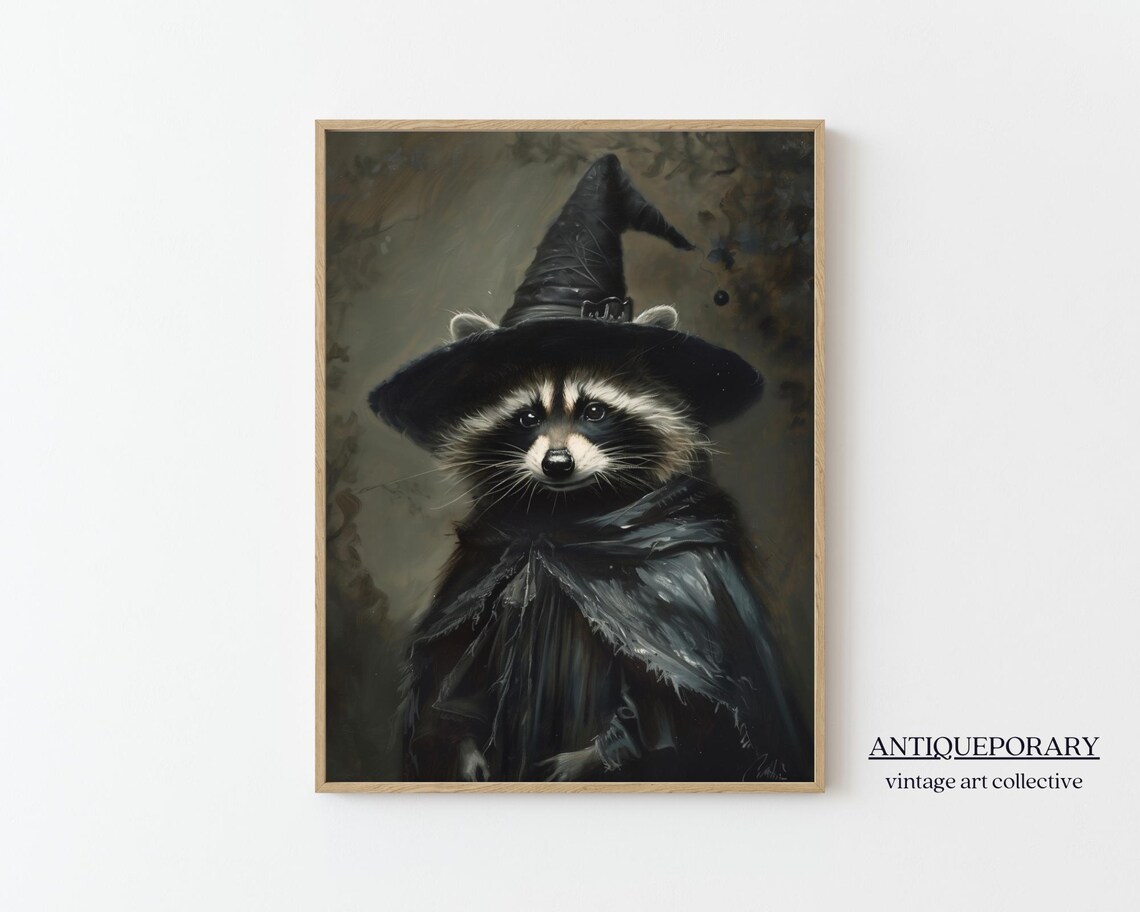 Raccoon Witch Vintage Portrait with Pointy Hat and Cloak Poster