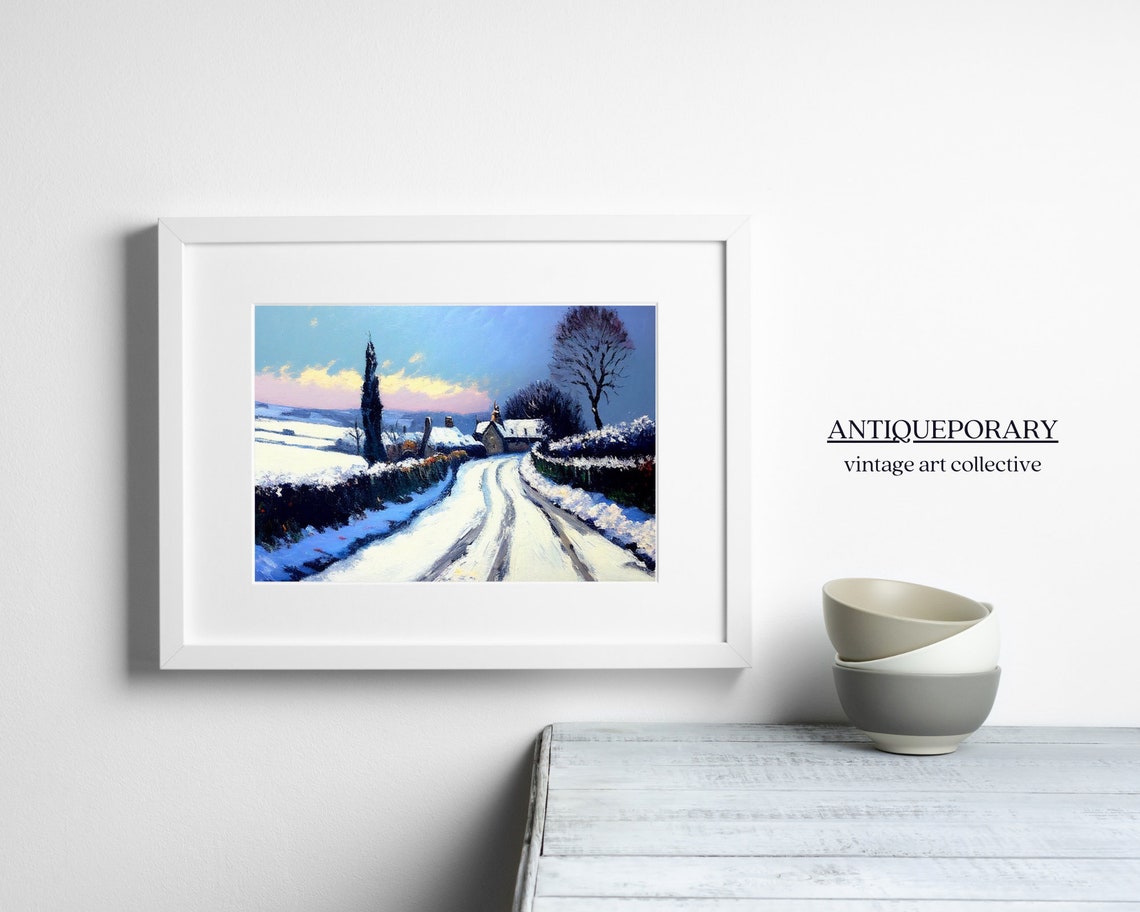 Snowy Country Road to Stone Cottages Blue Winter Scene Poster - Image 4
